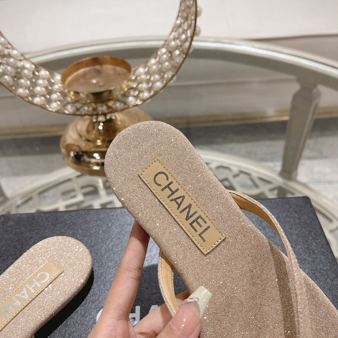 Double CC Rhinestone Flip  Flop Thongs Beige Cream Sheepskin