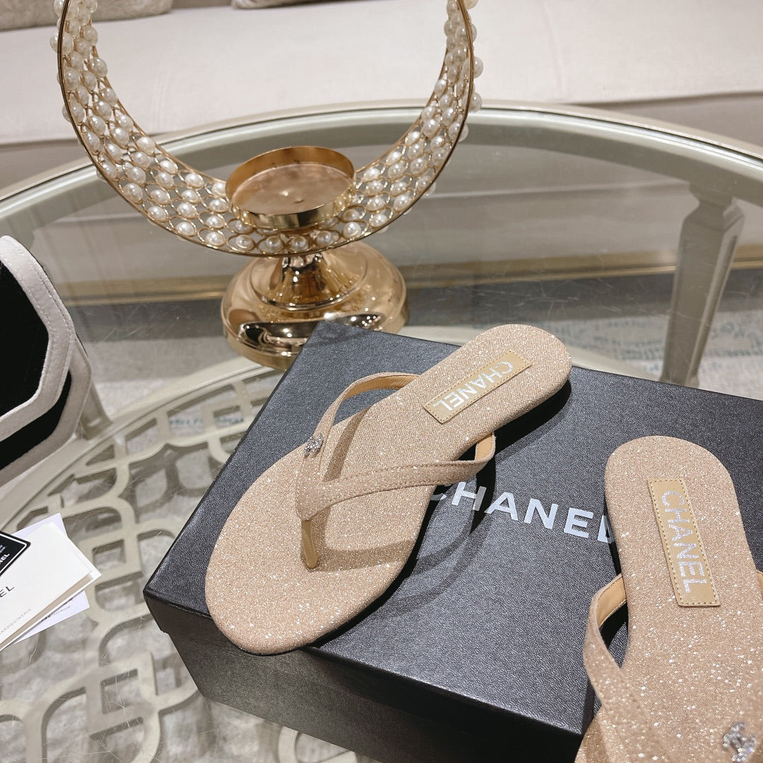 Double CC Rhinestone Flip  Flop Thongs Beige Cream Sheepskin