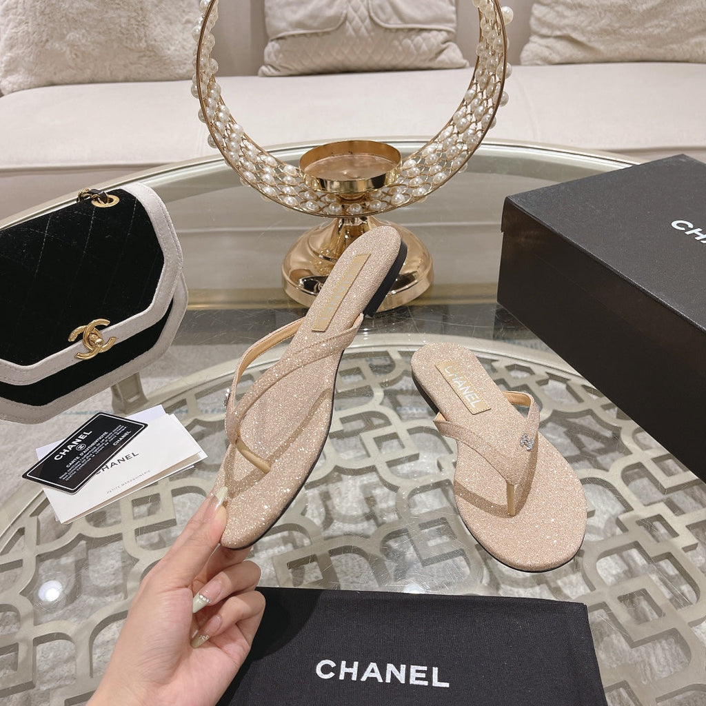 Double CC Rhinestone Flip  Flop Thongs Beige Cream Sheepskin