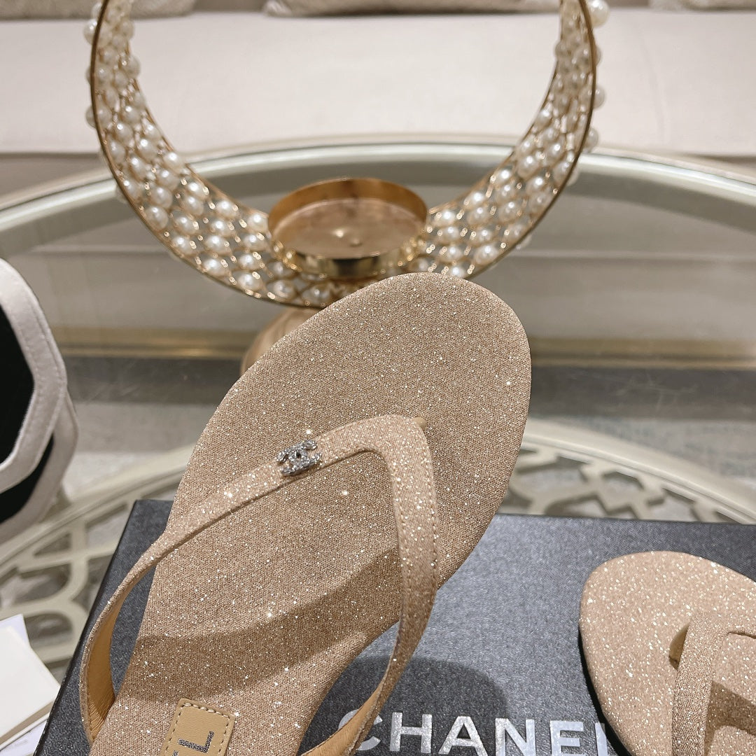 Double CC Rhinestone Flip  Flop Thongs Beige Cream Sheepskin