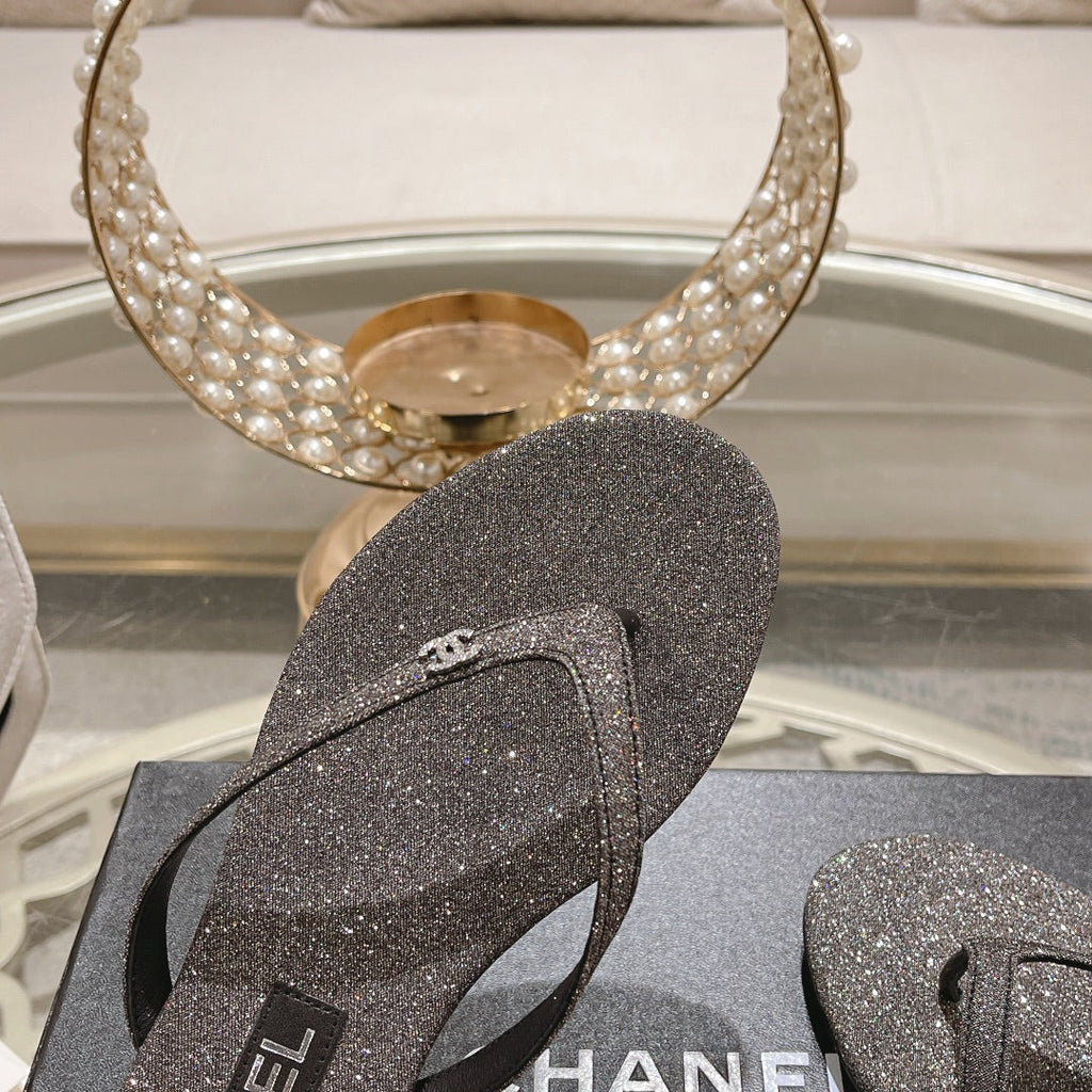 Double CC Rhinestone Flip  Flop Thongs Dark Gray Sheepskin