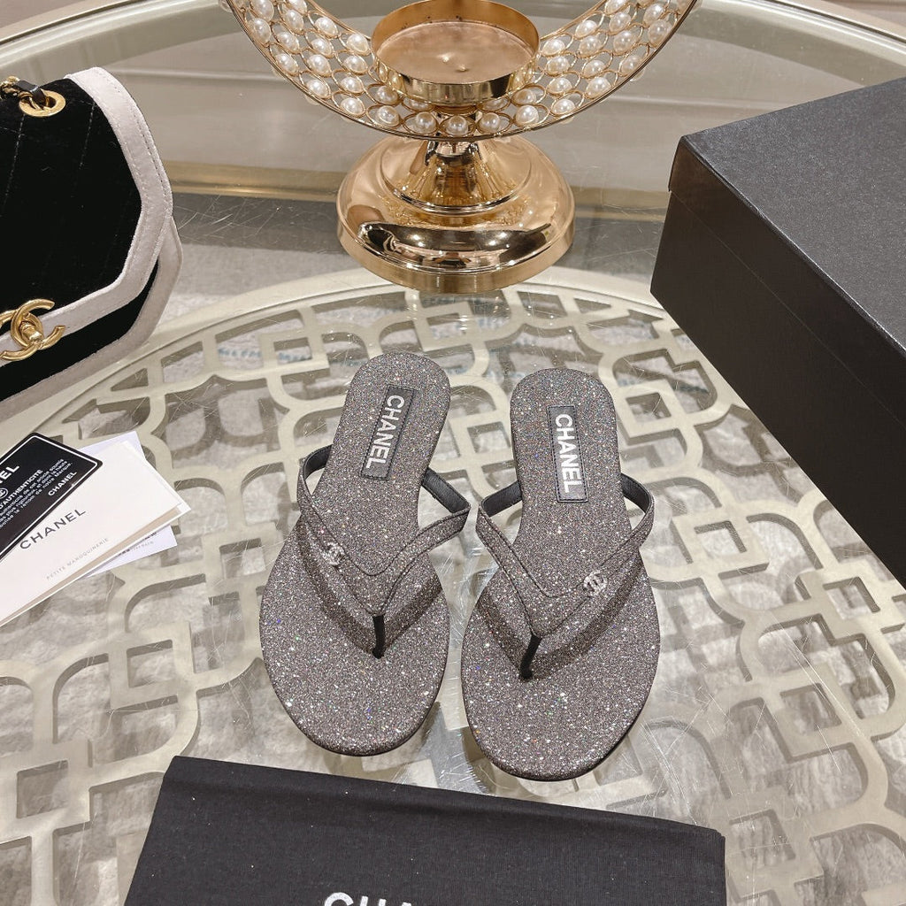 Double CC Rhinestone Flip  Flop Thongs Dark Gray Sheepskin