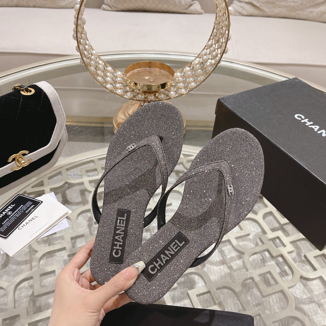 Double CC Rhinestone Flip  Flop Thongs Dark Gray Sheepskin