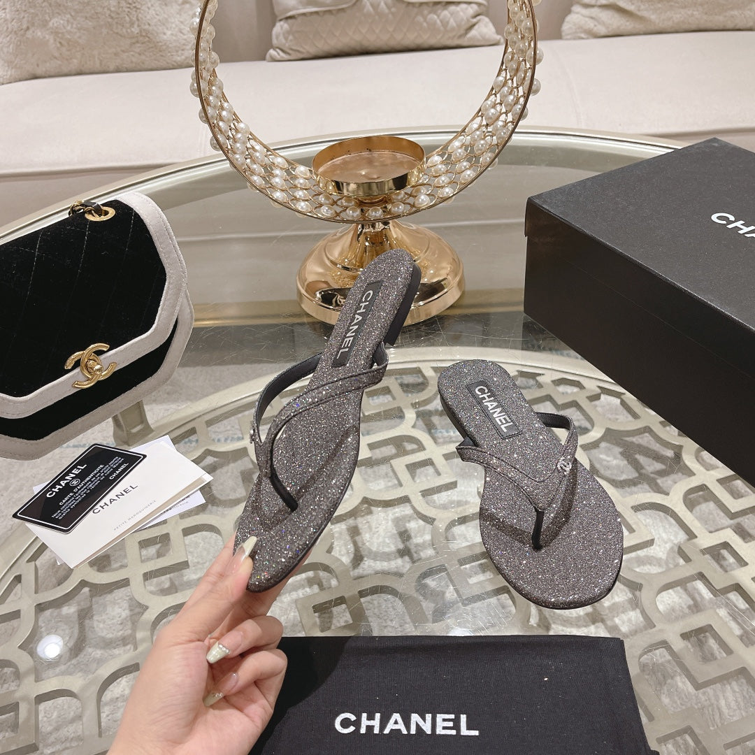 Double CC Rhinestone Flip  Flop Thongs Dark Gray Sheepskin