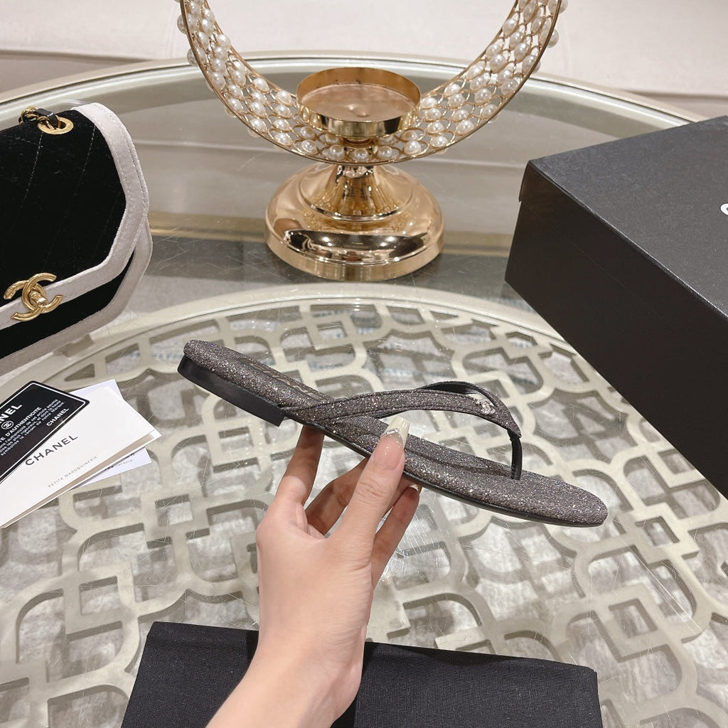 Double CC Rhinestone Flip  Flop Thongs Dark Gray Sheepskin