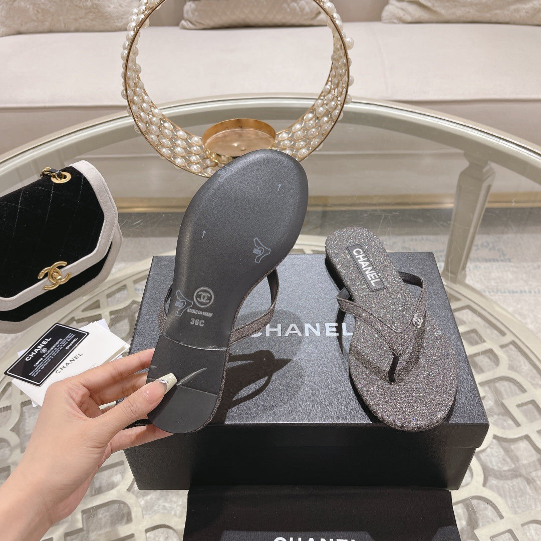 Double CC Rhinestone Flip  Flop Thongs Dark Gray Sheepskin