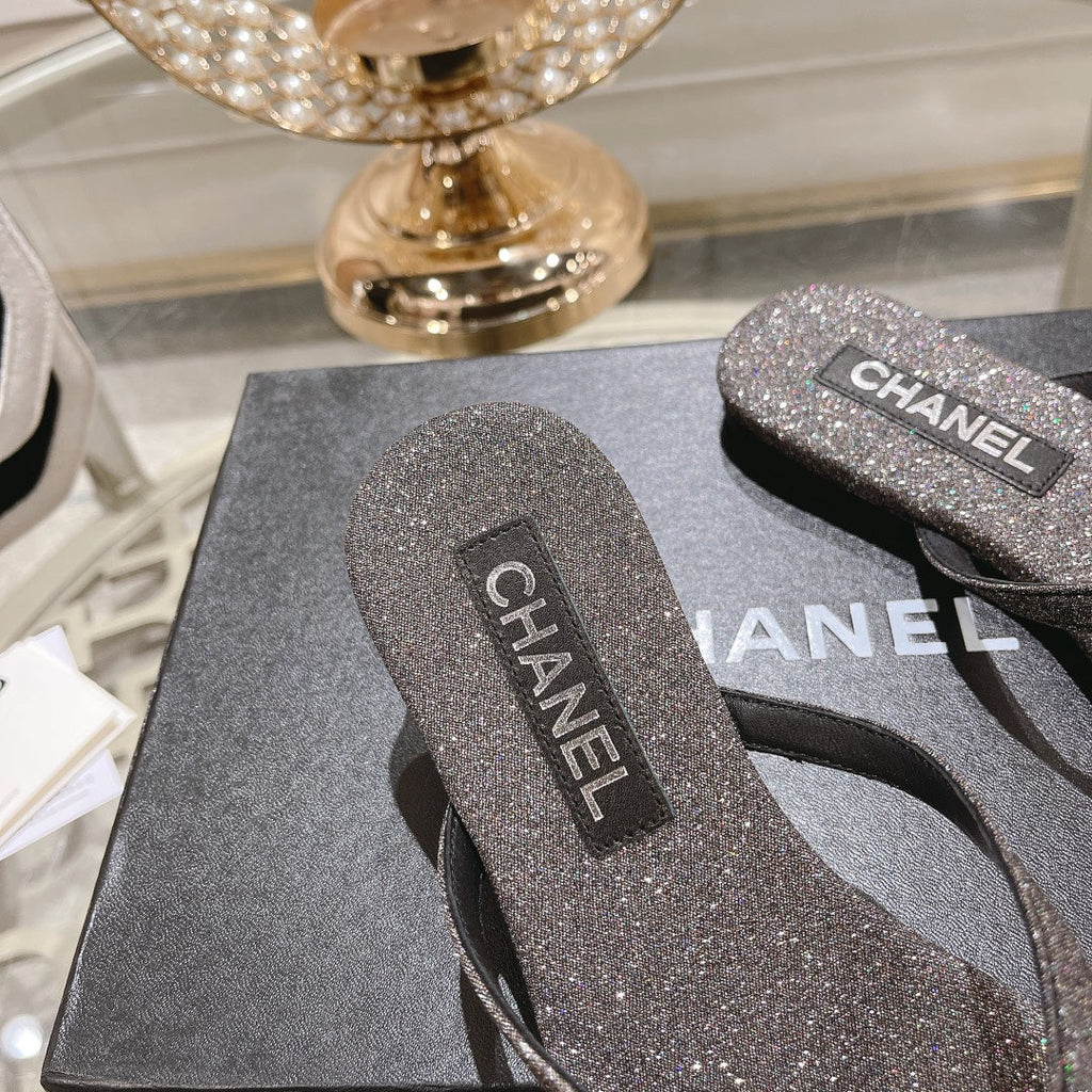 Double CC Rhinestone Flip  Flop Thongs Dark Gray Sheepskin