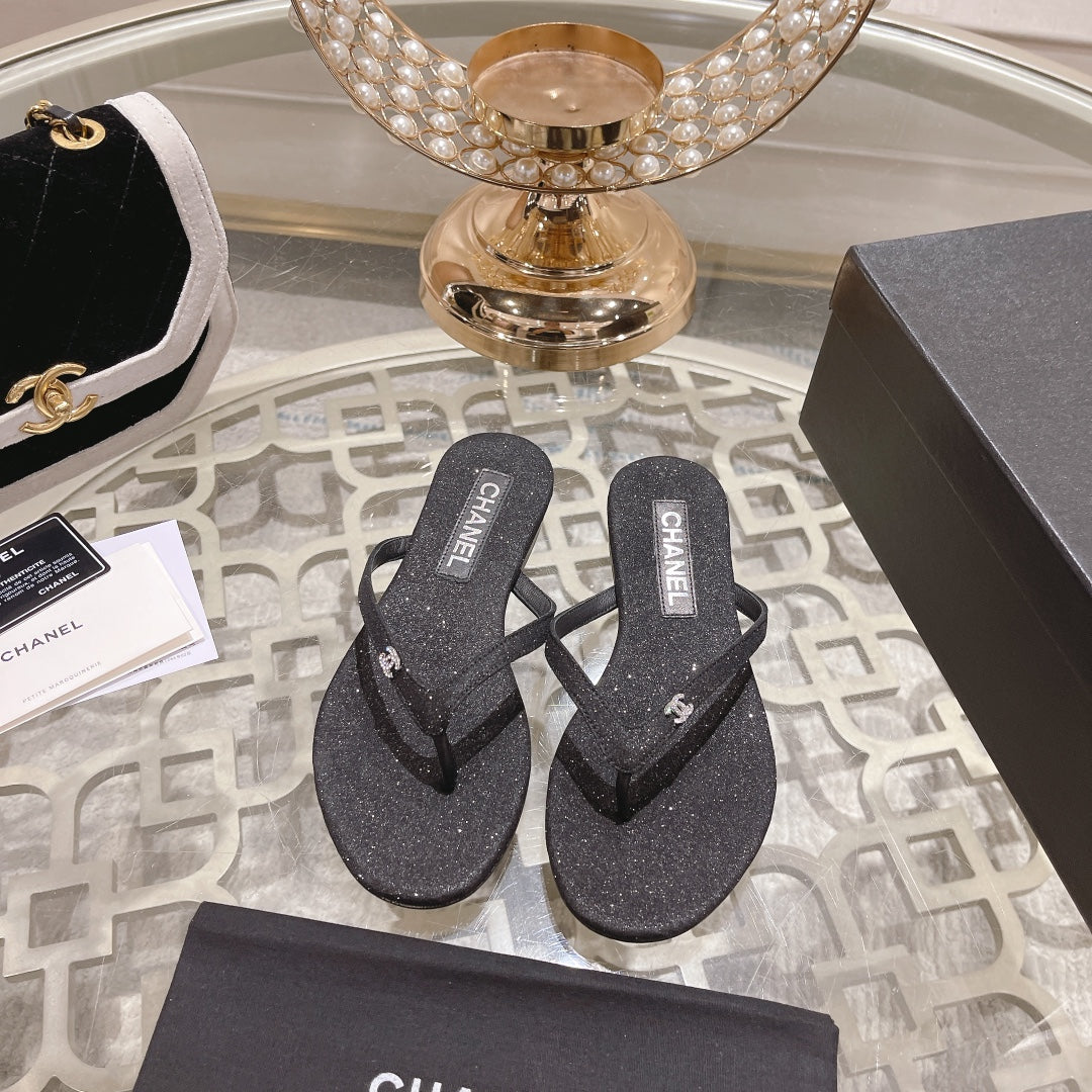 Double CC Rhinestone Flip  Flop Thongs Black Sheepskin