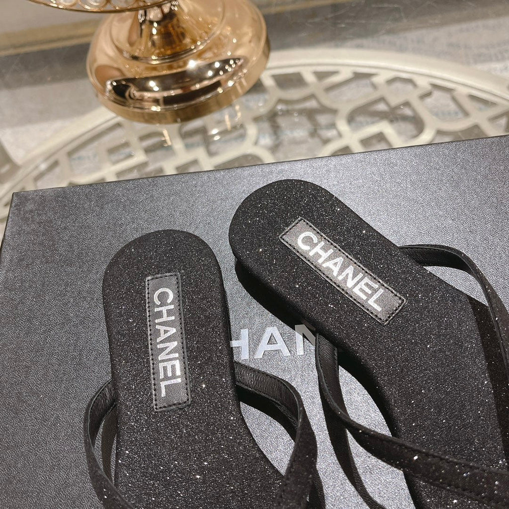 Double CC Rhinestone Flip  Flop Thongs Black Sheepskin