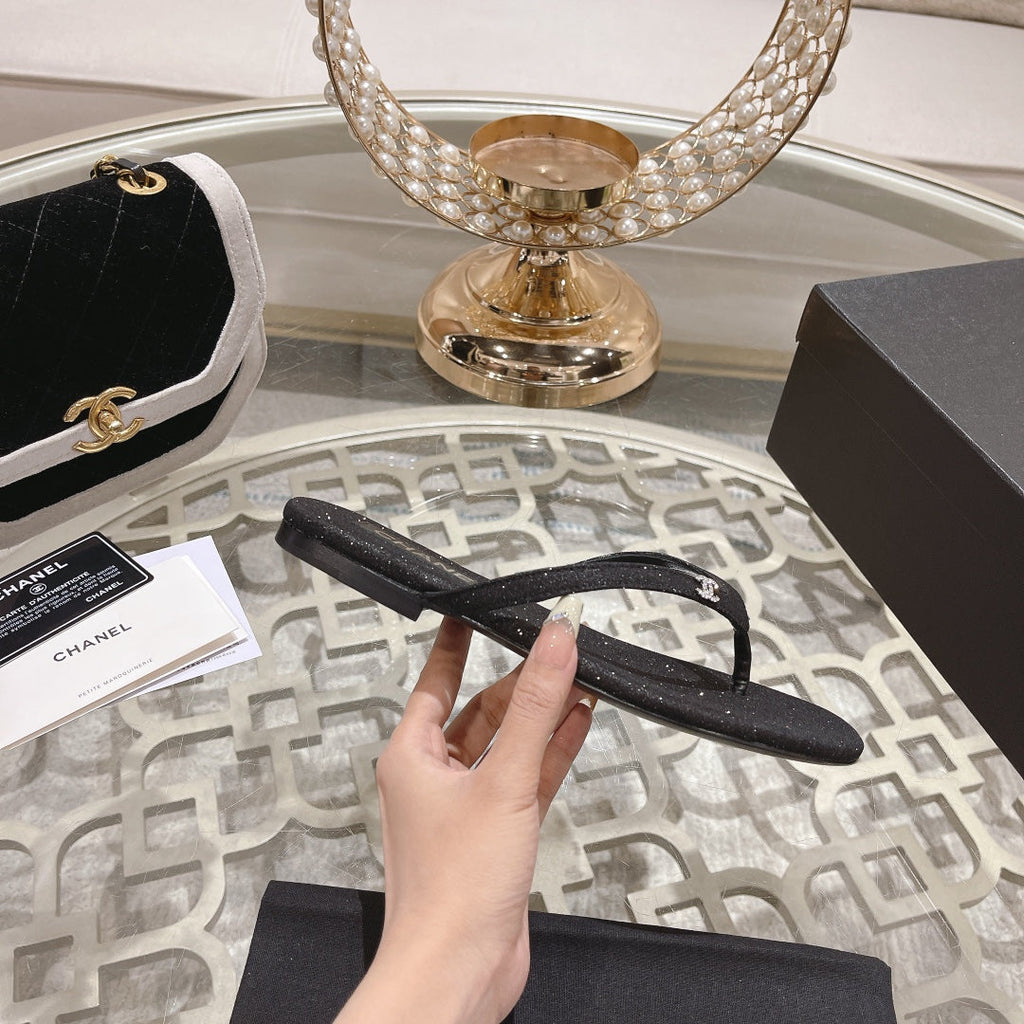 Double CC Rhinestone Flip  Flop Thongs Black Sheepskin