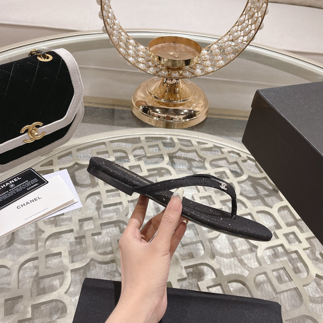 Double CC Rhinestone Flip  Flop Thongs Black Sheepskin