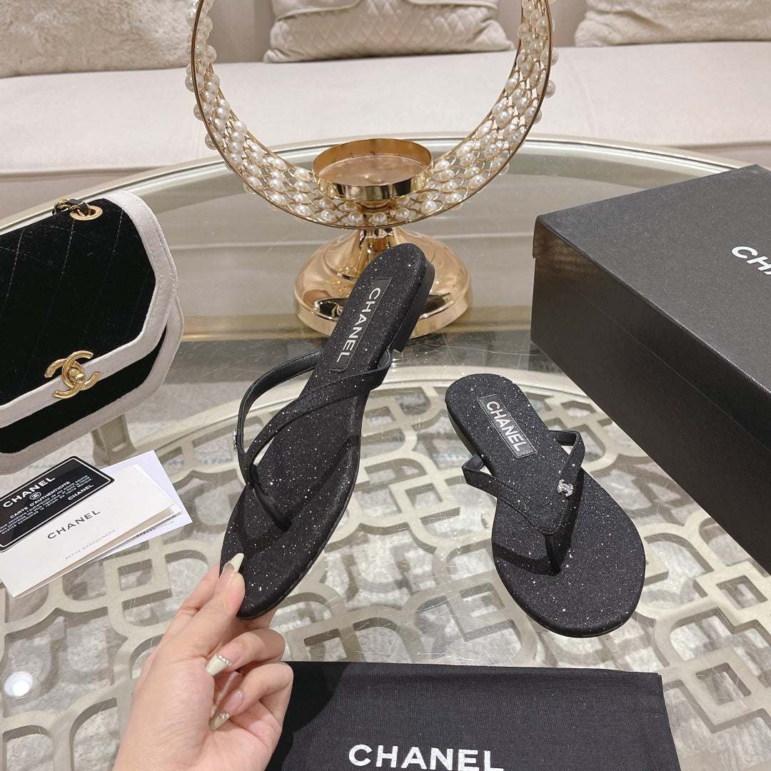 Double CC Rhinestone Flip  Flop Thongs Black Sheepskin
