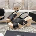 Double CC  Wood Grain Platform Sandals Black Sheepskeen