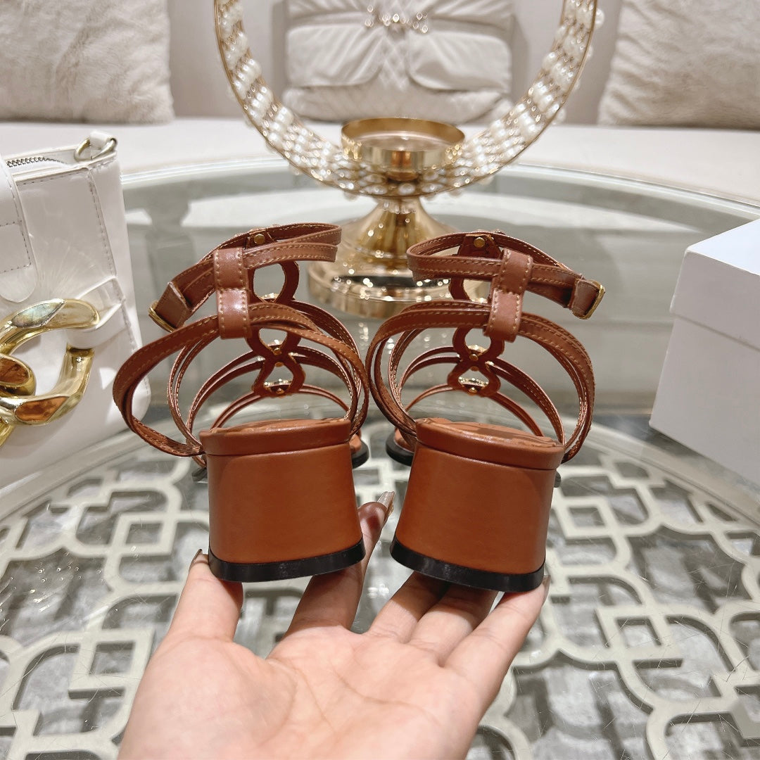 HIGH 45MM BLOCK HEEL SANDAL IN RUSSET BROWN LAMBSKIN