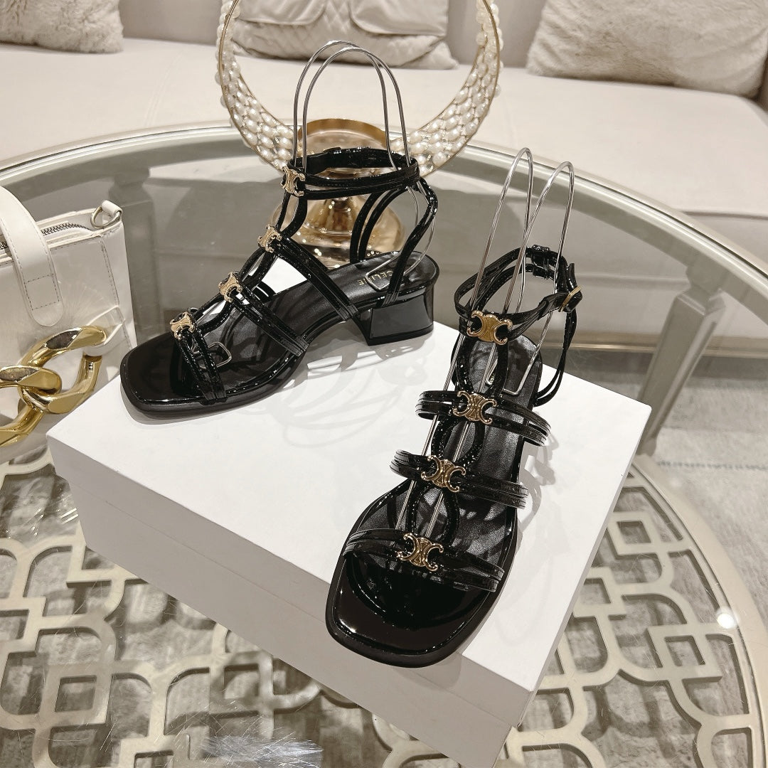 HIGH 45MM BLOCK HEEL SANDAL IN BLACK LAMBSKIN