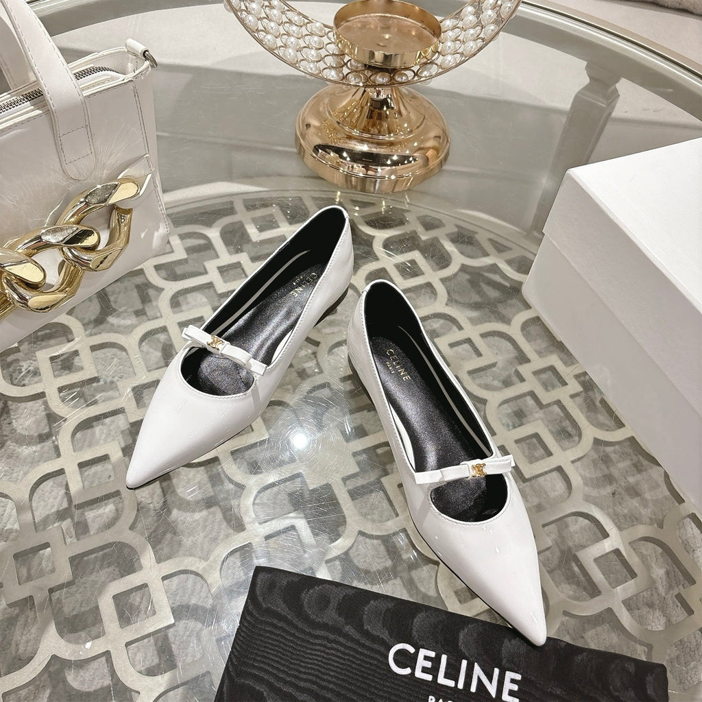 SUZY POINTY TOE BALLERINA IN WHITE PATENT CALFSKIN