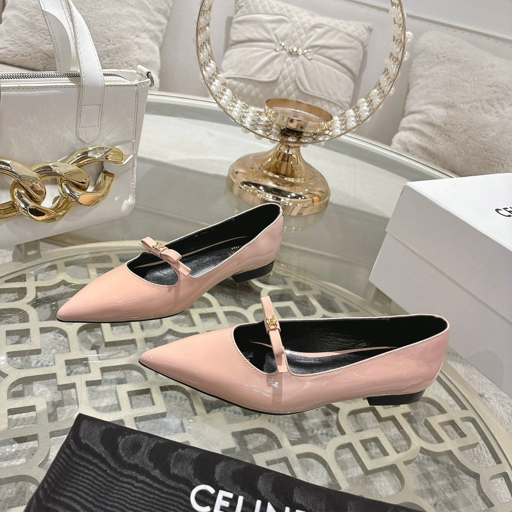 SUZY POINTY TOE BALLERINA IN BLUSH PINK PATENT CALFSKIN