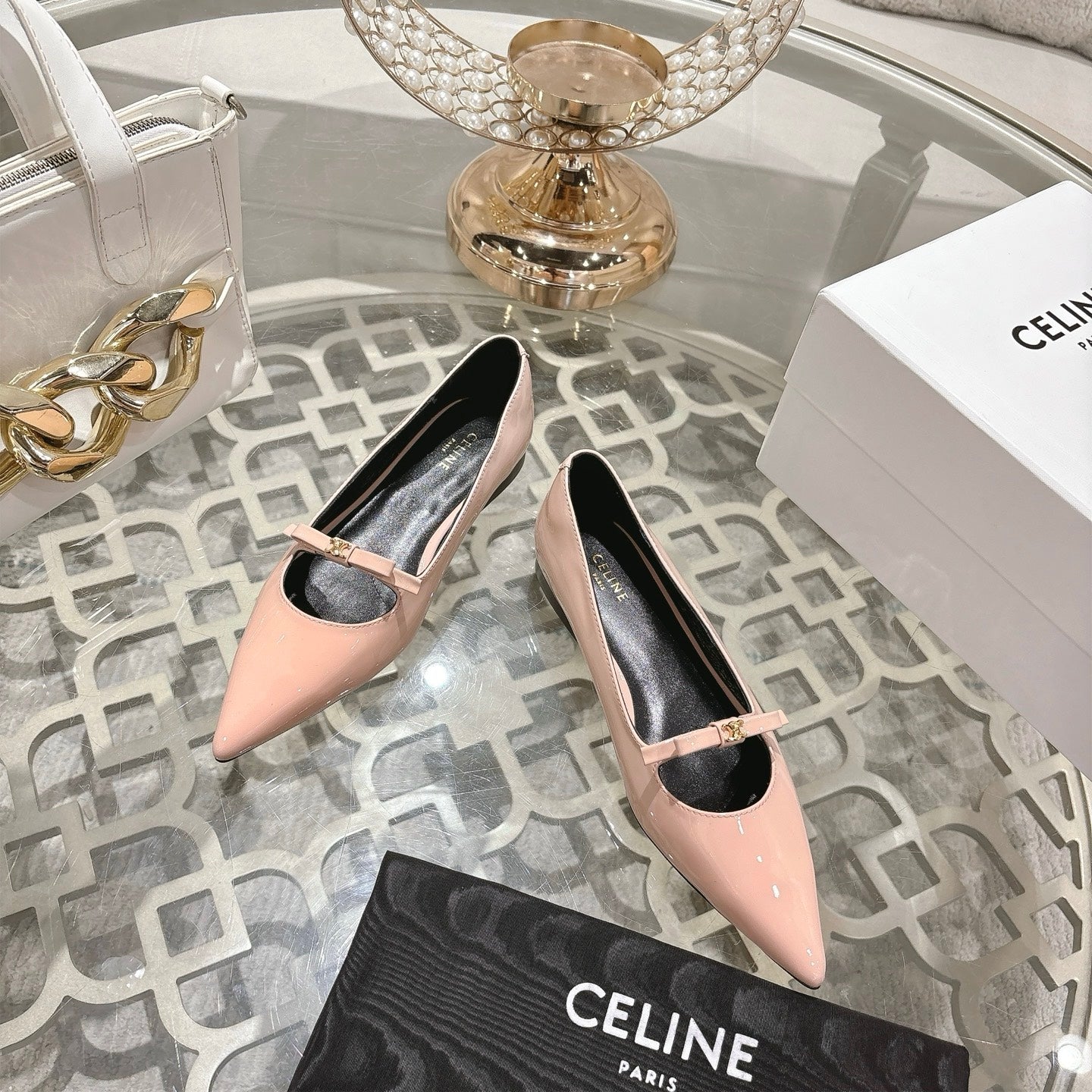 SUZY POINTY TOE BALLERINA IN BLUSH PINK PATENT CALFSKIN
