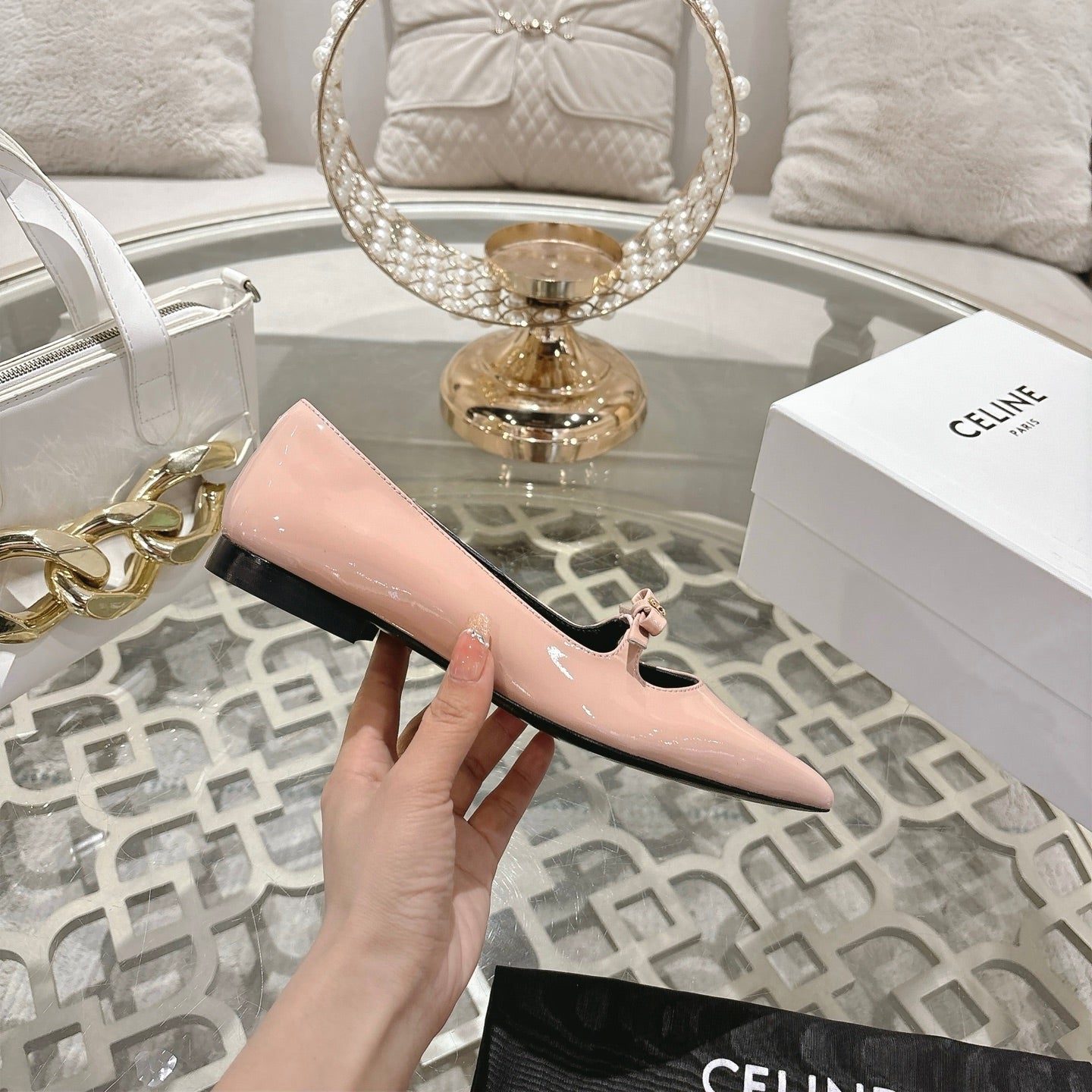 SUZY POINTY TOE BALLERINA IN BLUSH PINK PATENT CALFSKIN