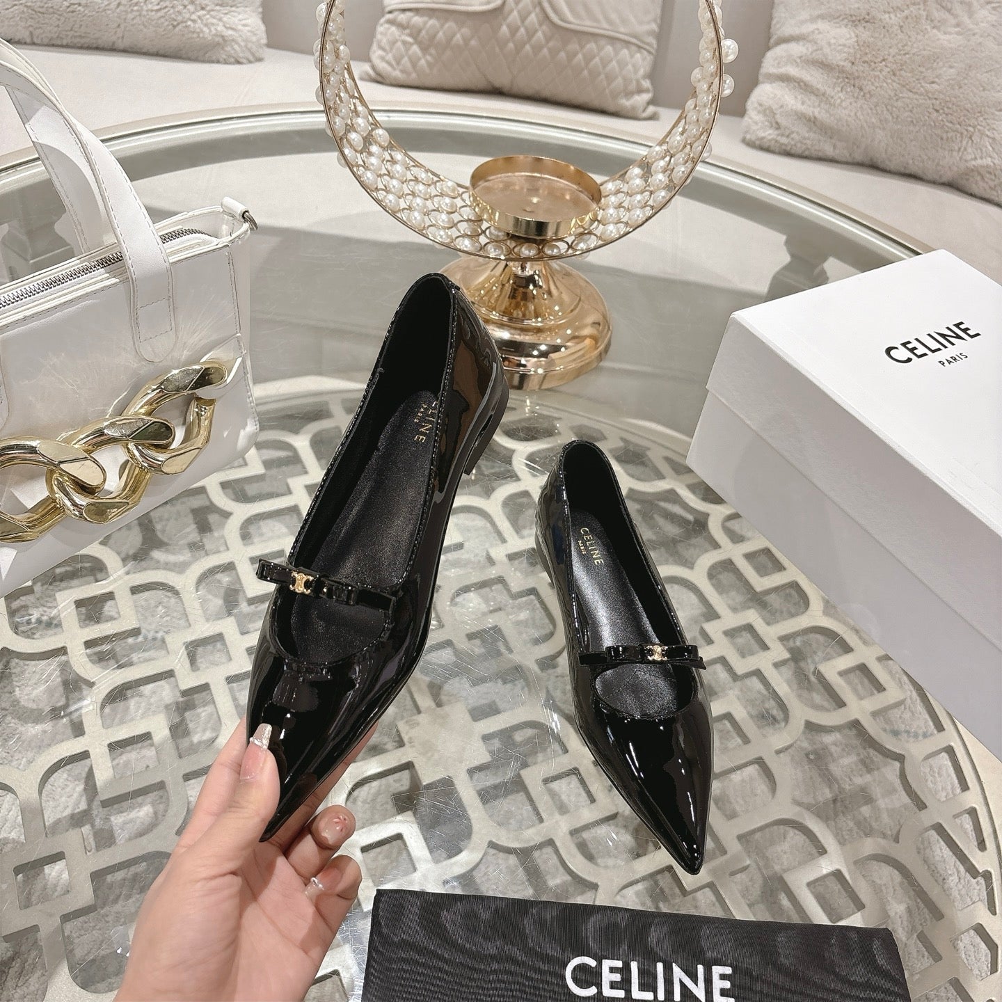 SUZY POINTY TOE BALLERINA IN BLACK PATENT CALFSKIN