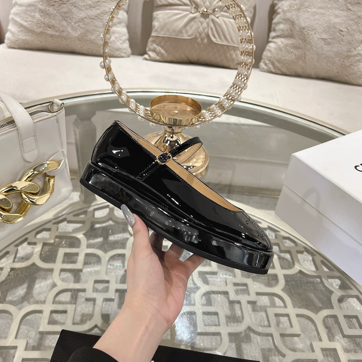 CLARA WEDGE MARY-JANE BALLERINA IN BLACK PATENT CALFSKIN