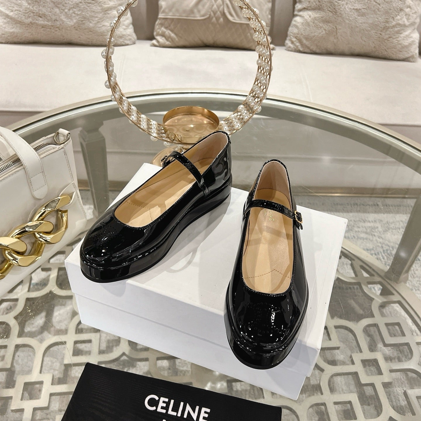 CLARA WEDGE MARY-JANE BALLERINA IN BLACK PATENT CALFSKIN