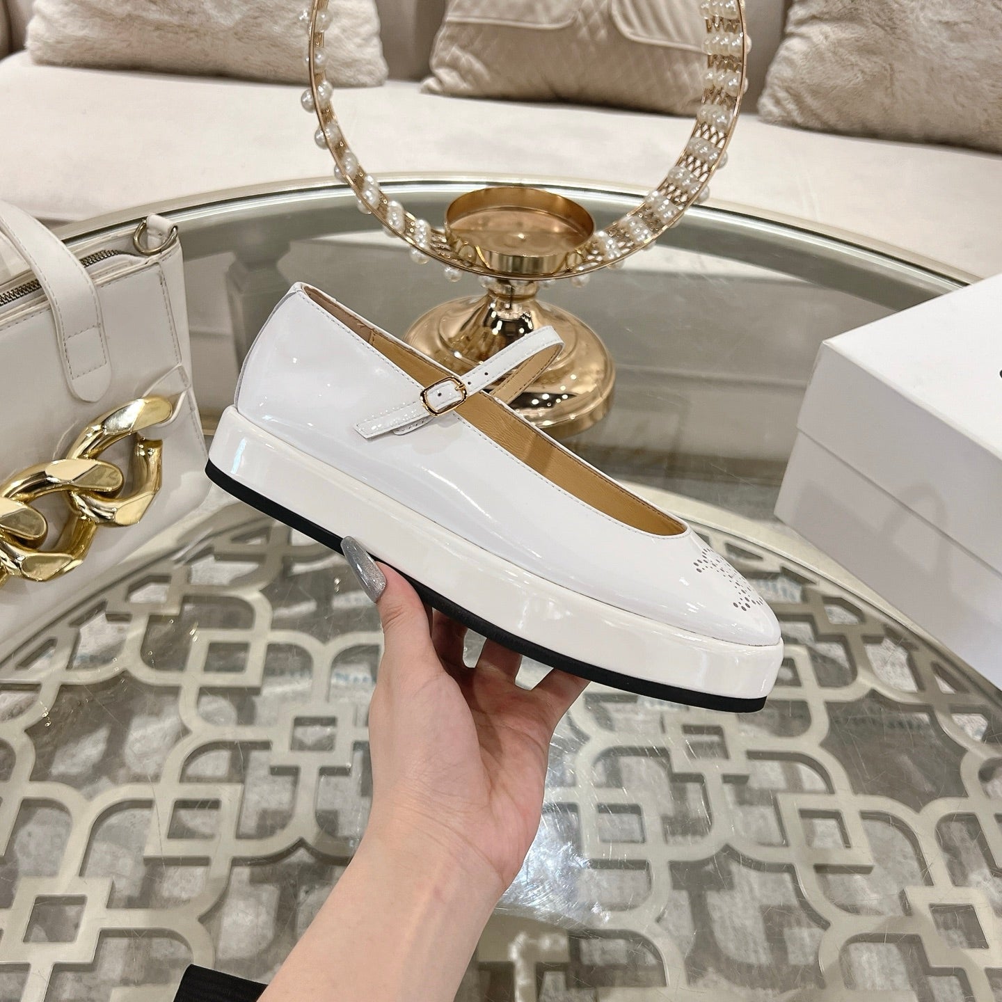 CLARA WEDGE MARY-JANE BALLERINA IN WHITE PATENT CALFSKIN