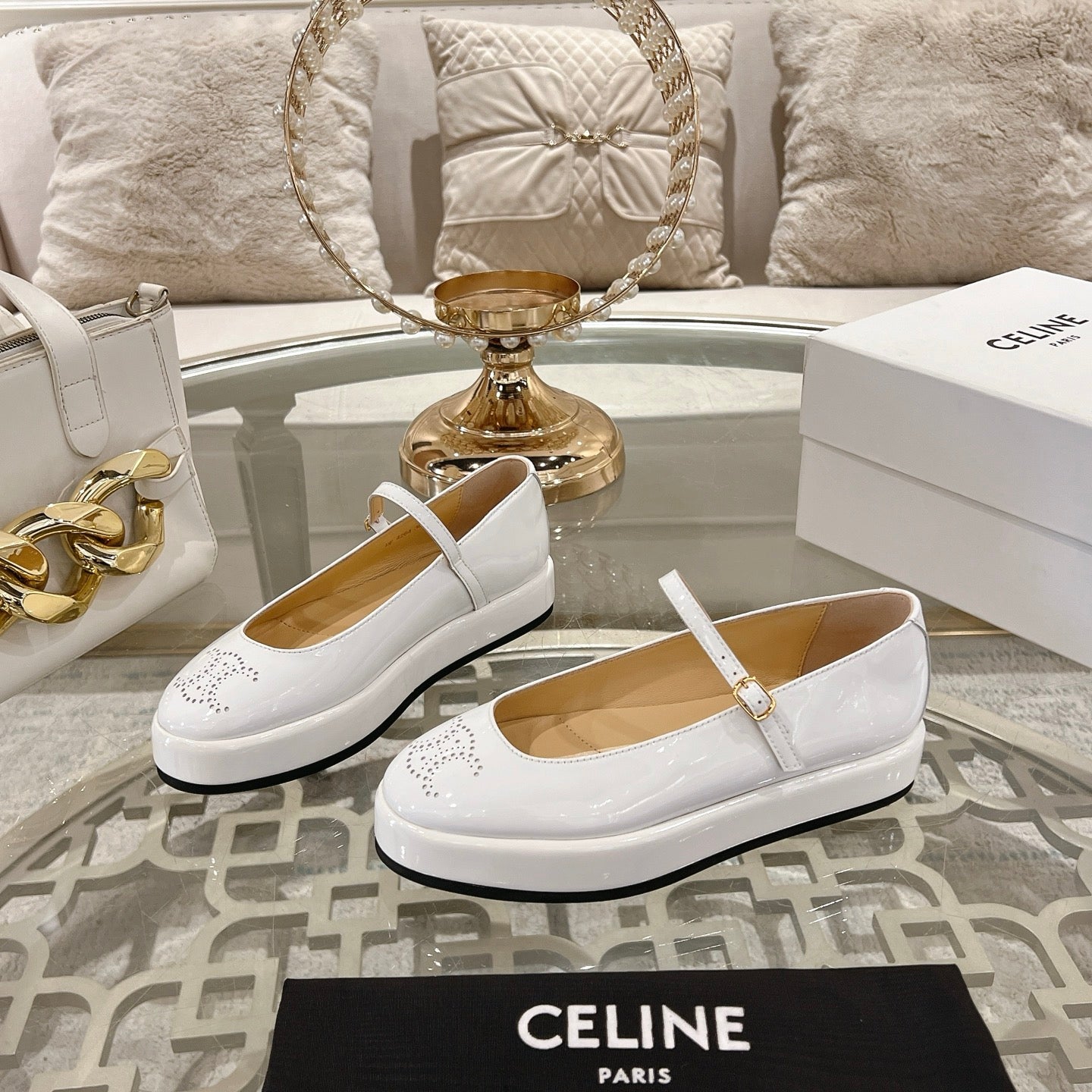 CLARA WEDGE MARY-JANE BALLERINA IN WHITE PATENT CALFSKIN