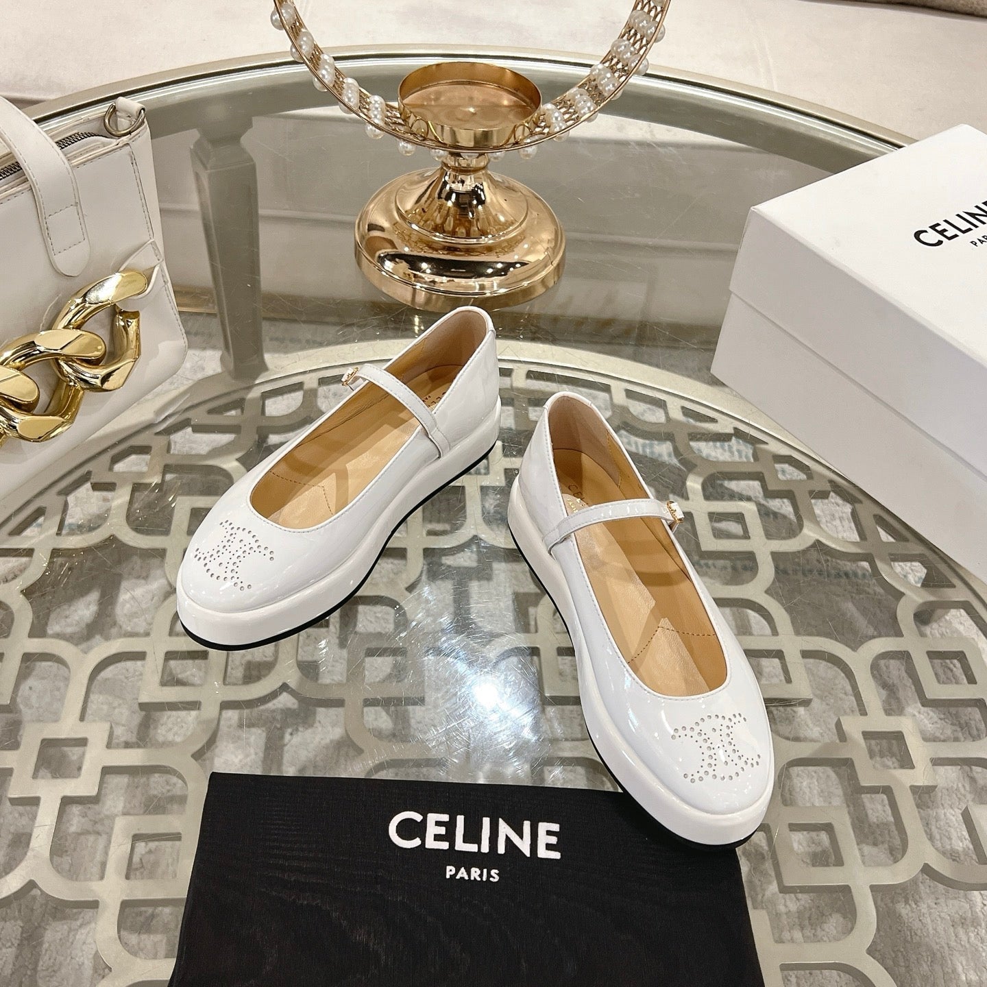 CLARA WEDGE MARY-JANE BALLERINA IN WHITE PATENT CALFSKIN