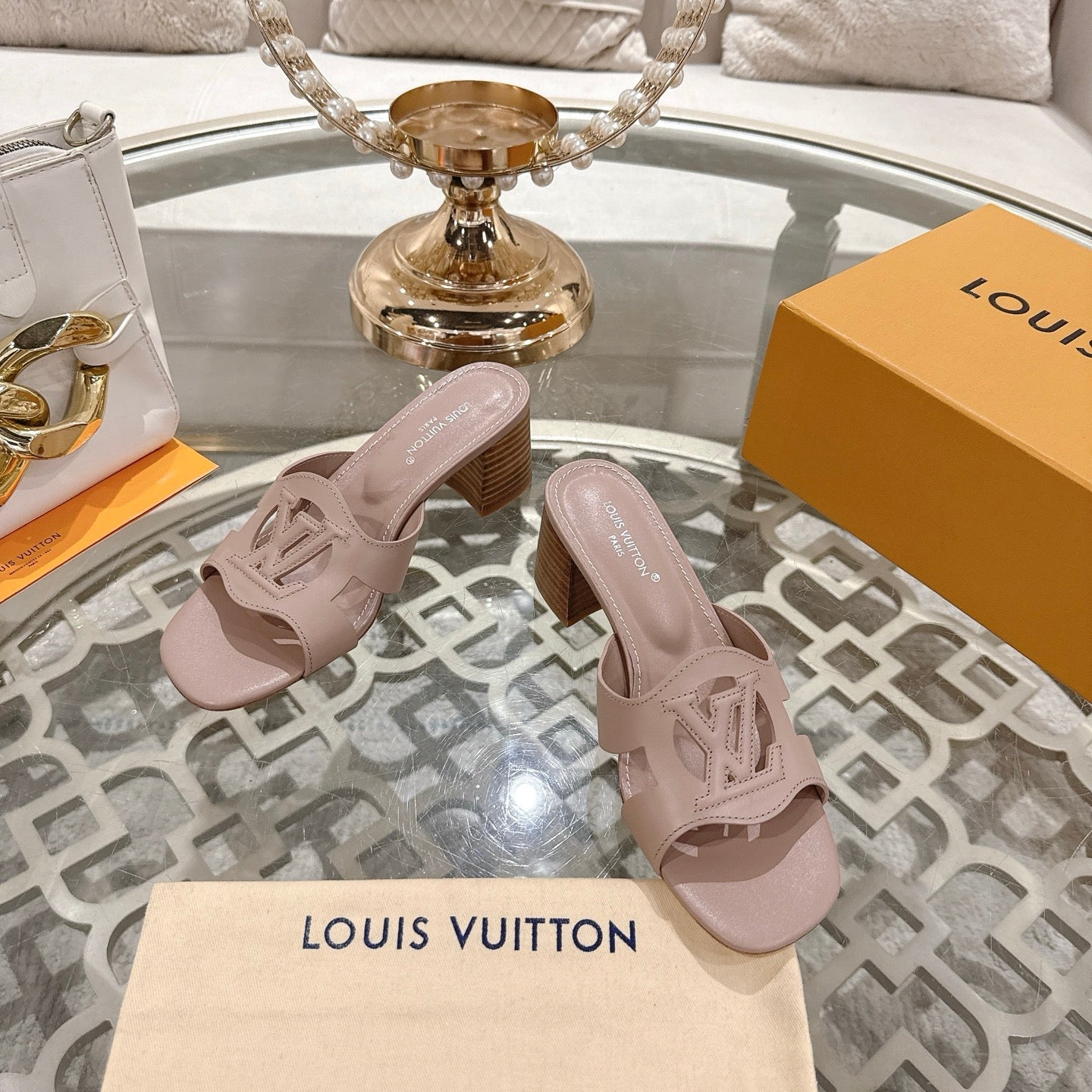 ISOLA HIGH 55 MM MULE IN DUSTY PINK CALFSKIN