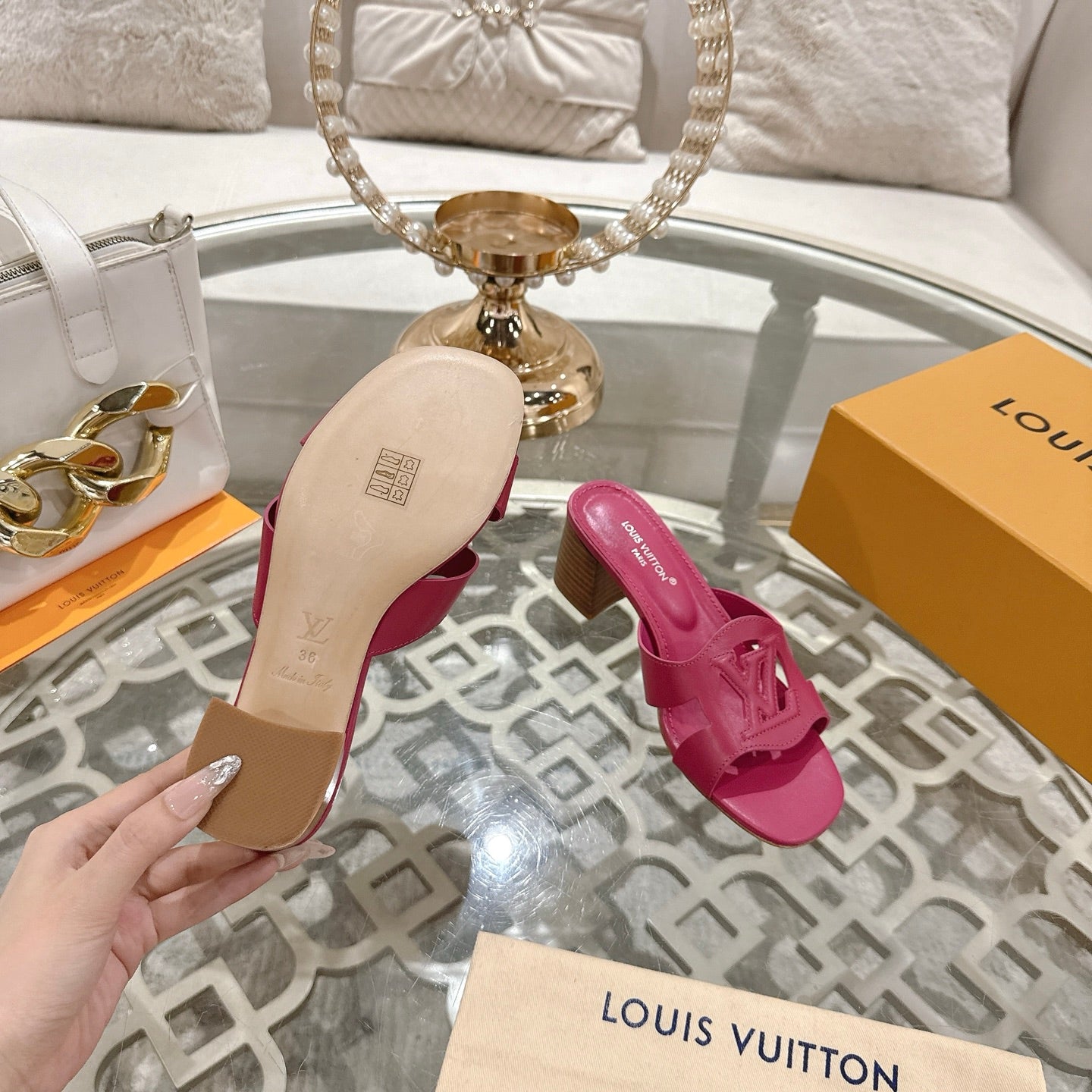 ISOLA HIGH 55 MM MULE IN DARK PINK CALFSKIN