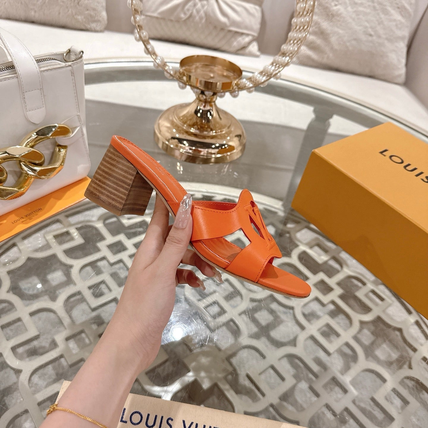 ISOLA HIGH 55 MM MULE IN VIVID ORANGE CALFSKIN