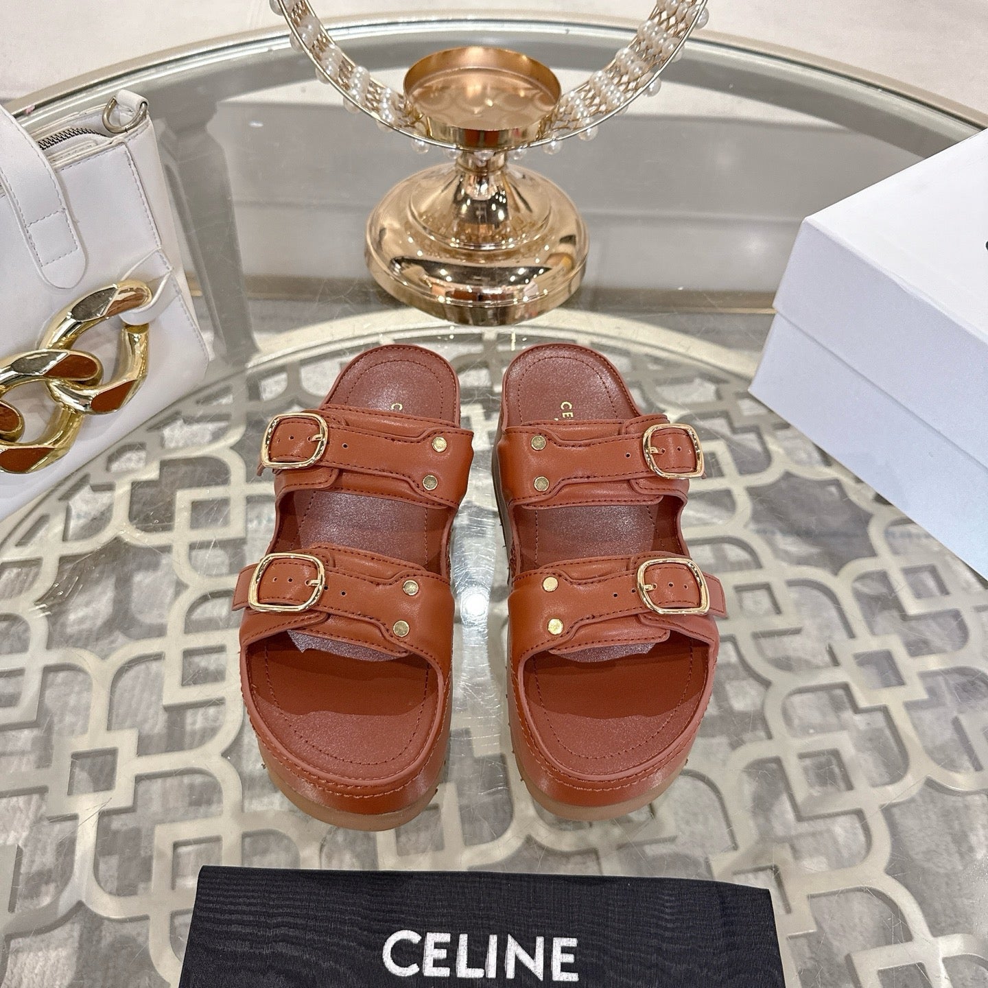 POLLY WEDGE MULE IN TAN BROWN SHINY CALFSKIN