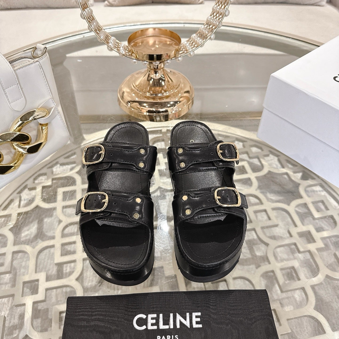 POLLY WEDGE MULE IN BLACK SHINY CALFSKIN