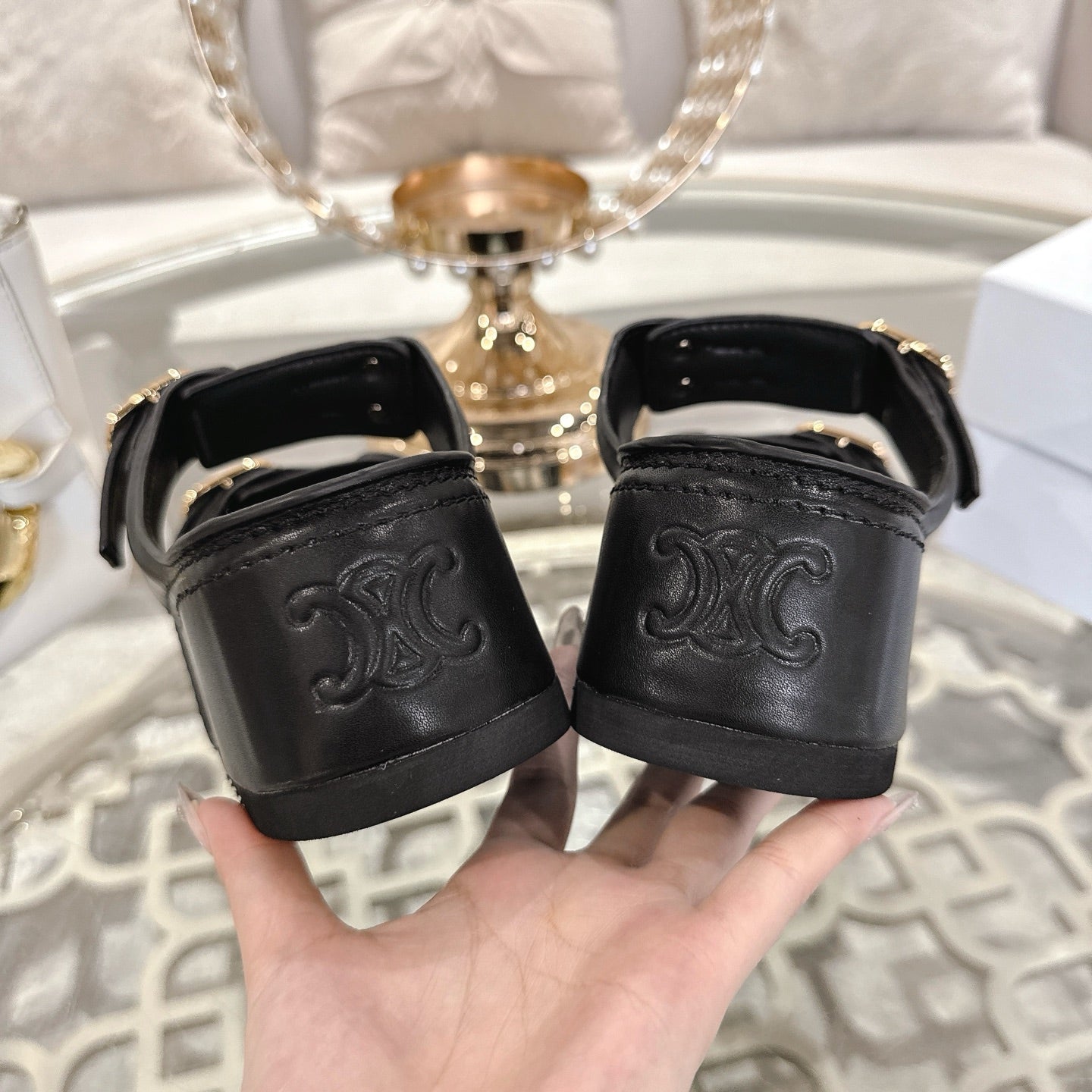 POLLY WEDGE MULE IN BLACK SHINY CALFSKIN