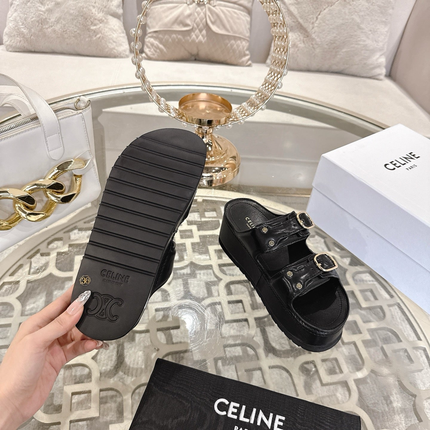 POLLY WEDGE MULE IN BLACK SHINY CALFSKIN