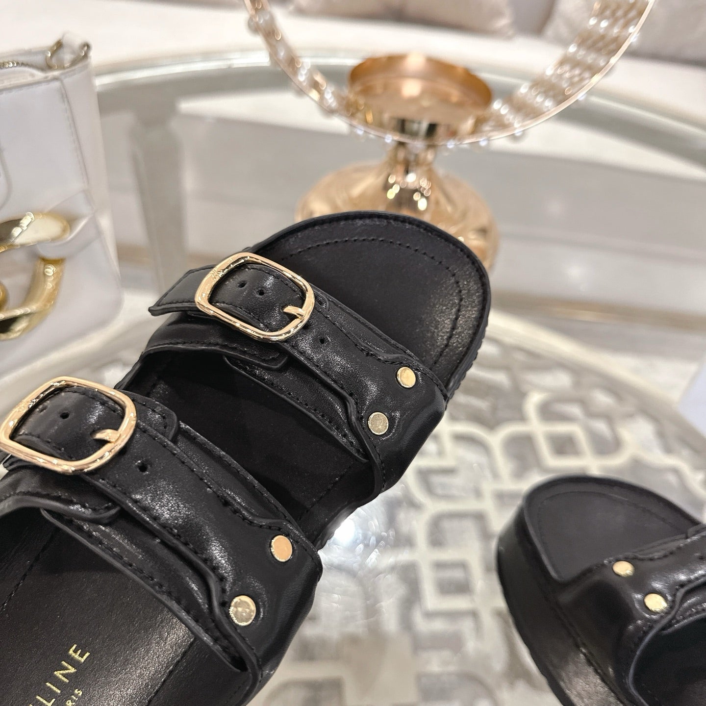 POLLY WEDGE MULE IN BLACK SHINY CALFSKIN