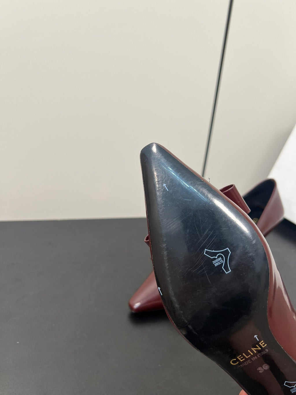 TRIOMPHE POINTED-TOE HIGH PUMPS IN BURGUNDY RED SHINY CALFSKIN