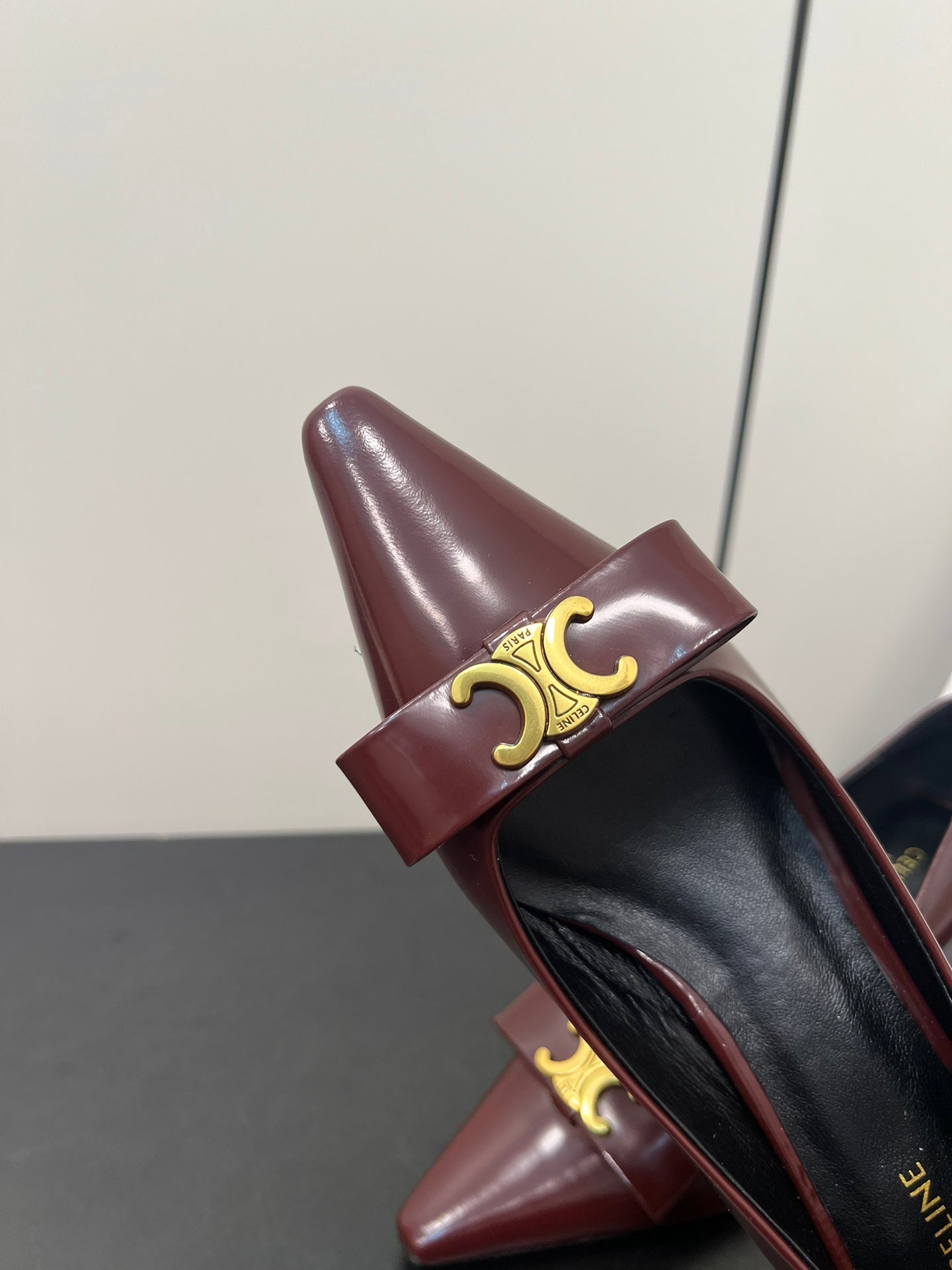 TRIOMPHE POINTED-TOE HIGH PUMPS IN BURGUNDY RED SHINY CALFSKIN