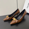 TRIOMPHE POINTED-TOE HIGH PUMPS IN BROWN SHINY CALFSKIN