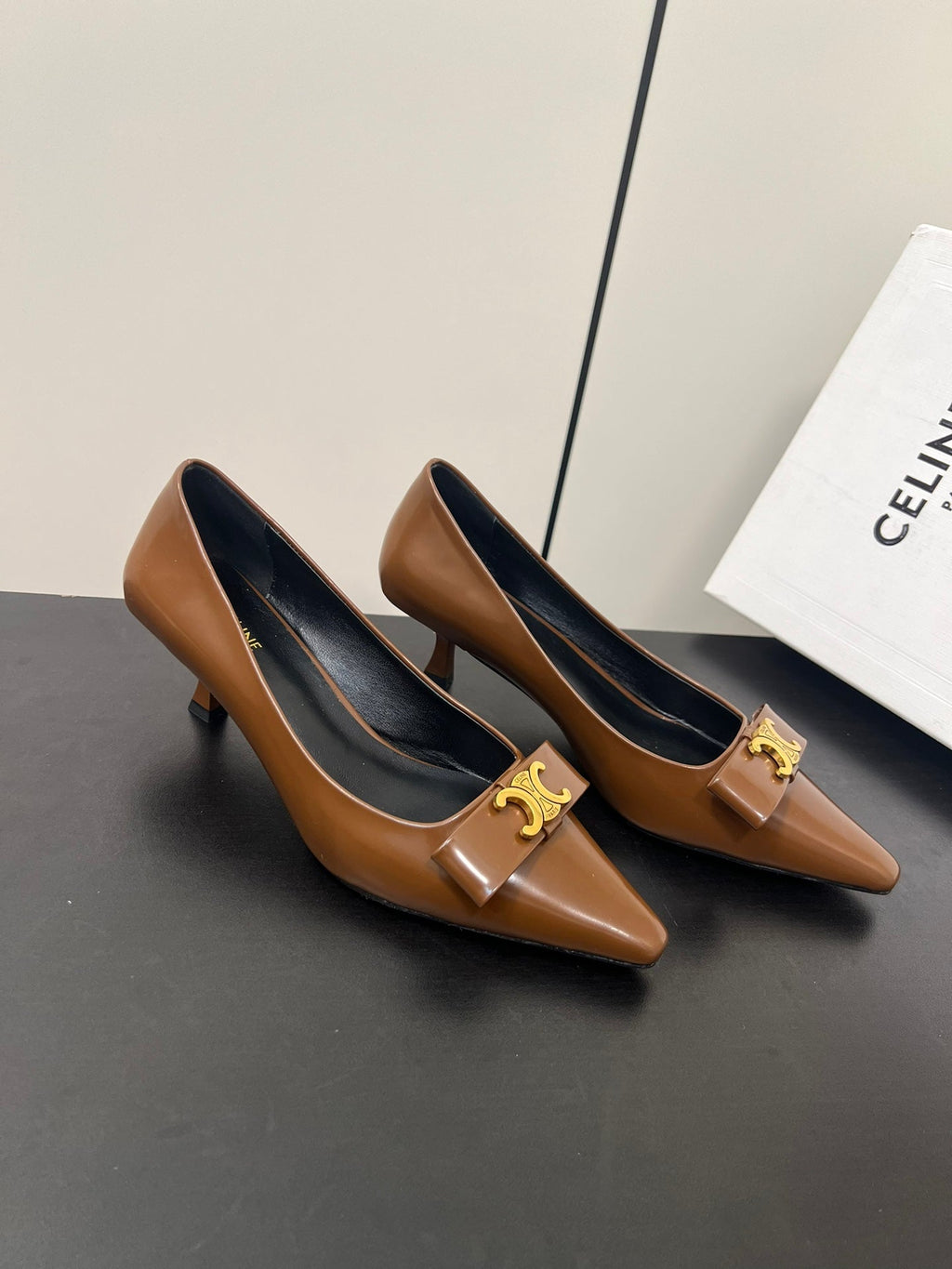 TRIOMPHE POINTED-TOE HIGH PUMPS IN BROWN SHINY CALFSKIN