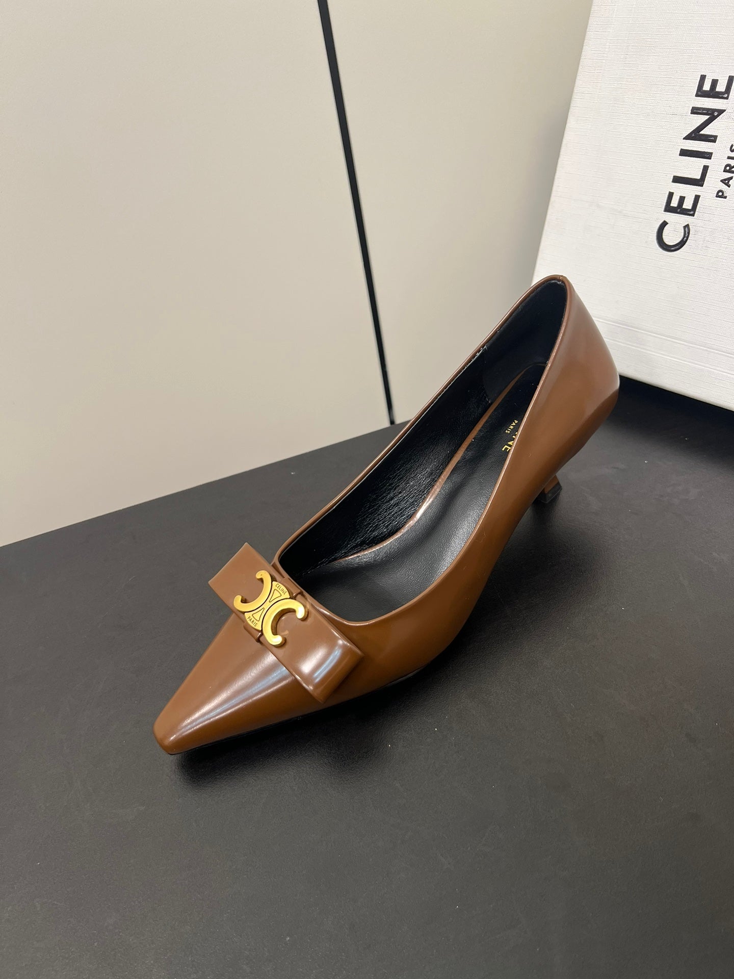 TRIOMPHE POINTED-TOE HIGH PUMPS IN BROWN SHINY CALFSKIN