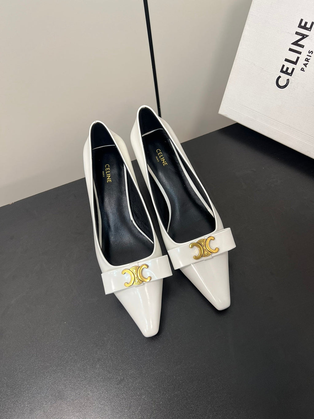 TRIOMPHE POINTED-TOE HIGH PUMPS IN WHITE SHINY CALFSKIN