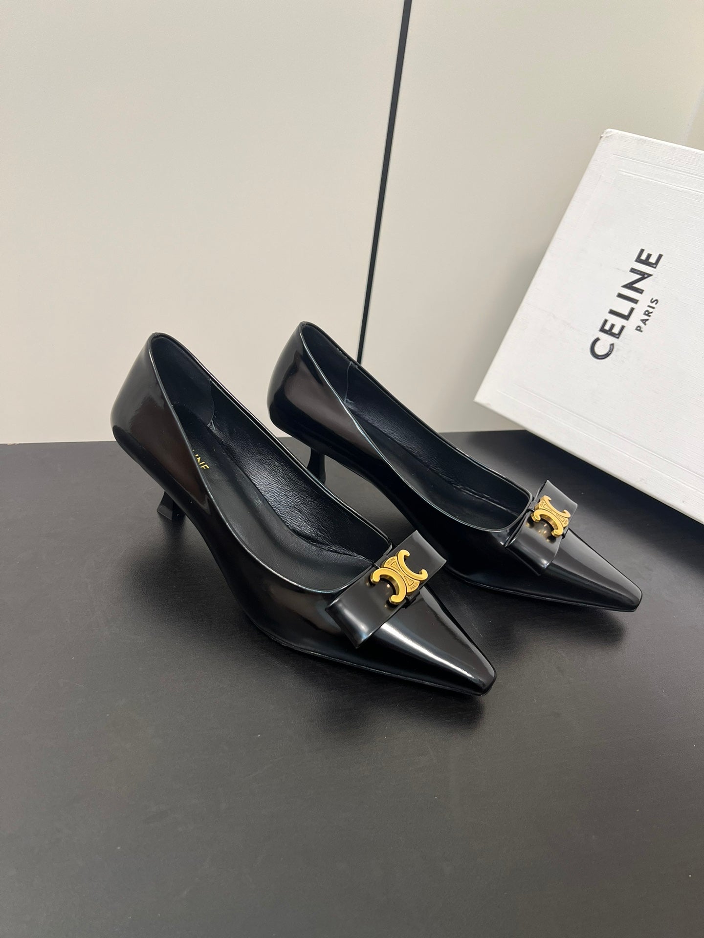 TRIOMPHE POINTED-TOE HIGH PUMPS IN BLACK SHINY CALFSKIN