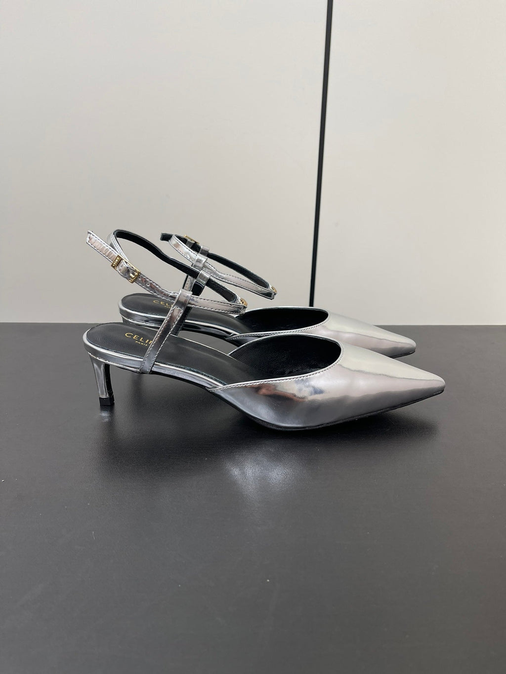 MORRAINE SLINGBACK PUMPS IN SILVER CALFSKIN