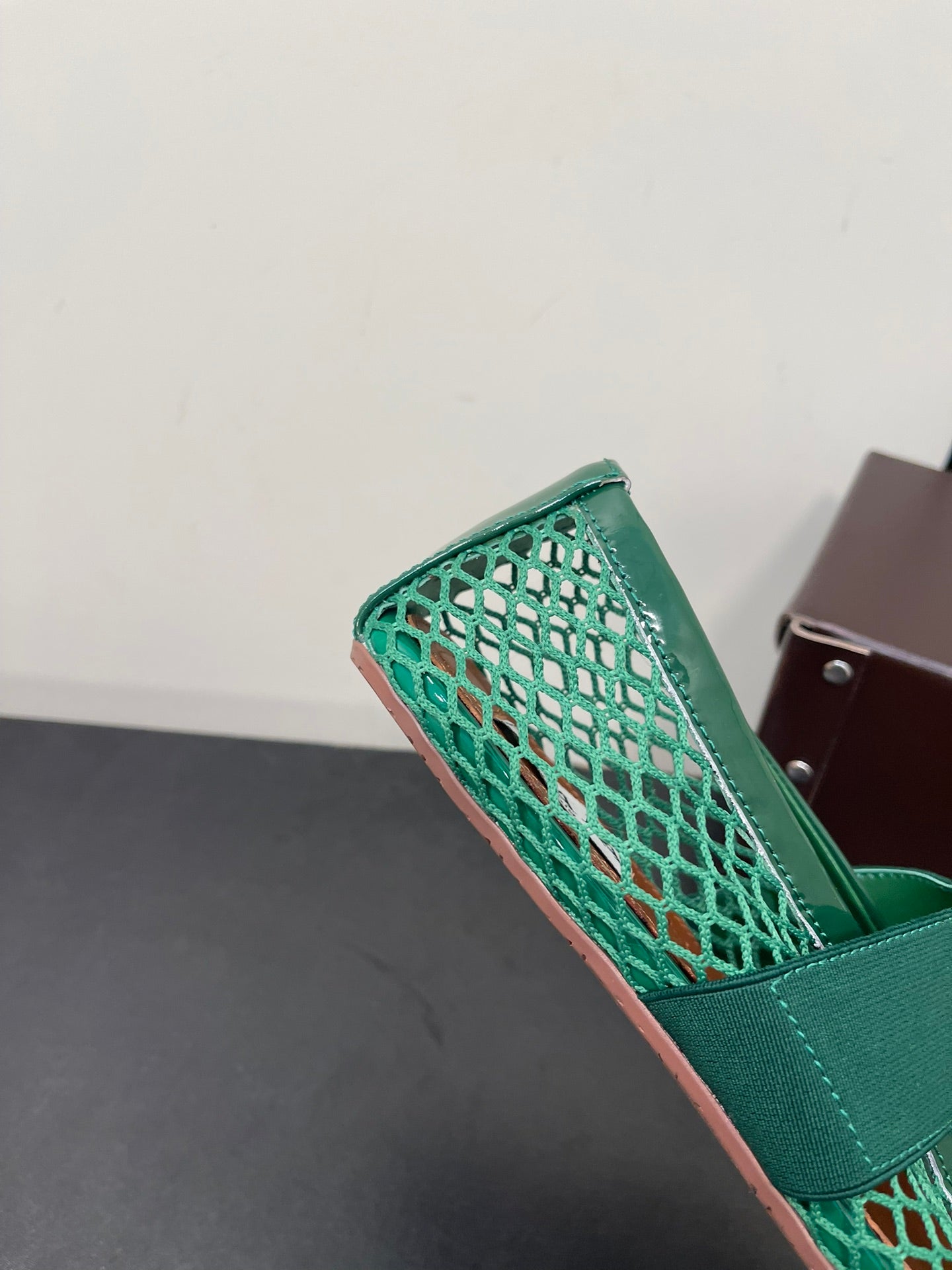 ALAIA BALLET FLATS IN COOL GREEN MESH FISHNET WITH GOLD HARDWARE