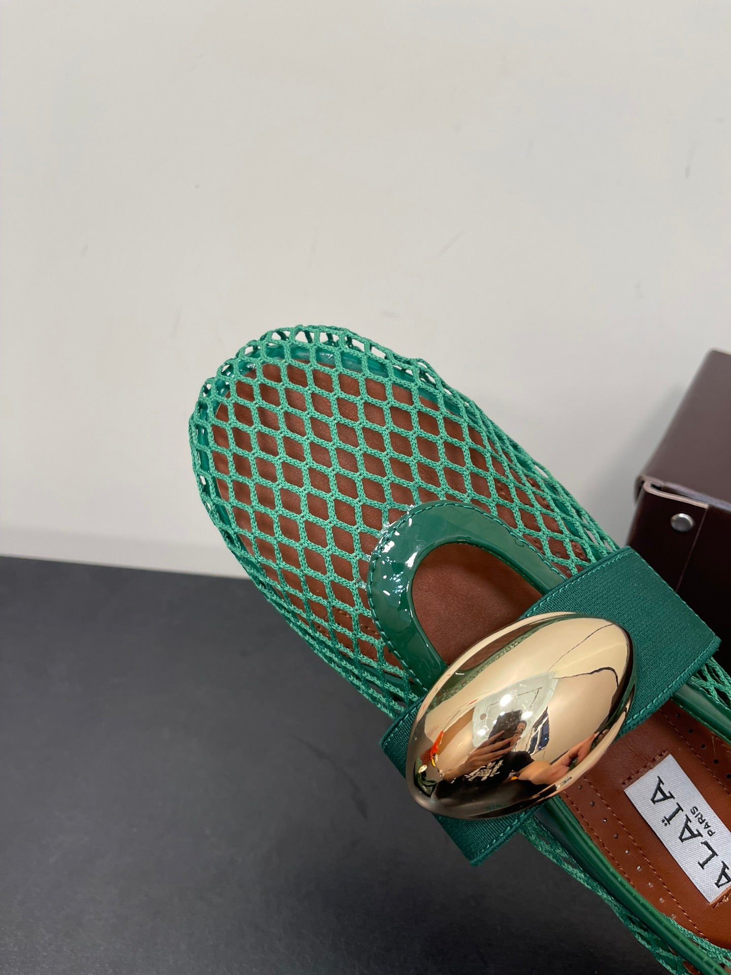 ALAIA BALLET FLATS IN COOL GREEN MESH FISHNET WITH GOLD HARDWARE