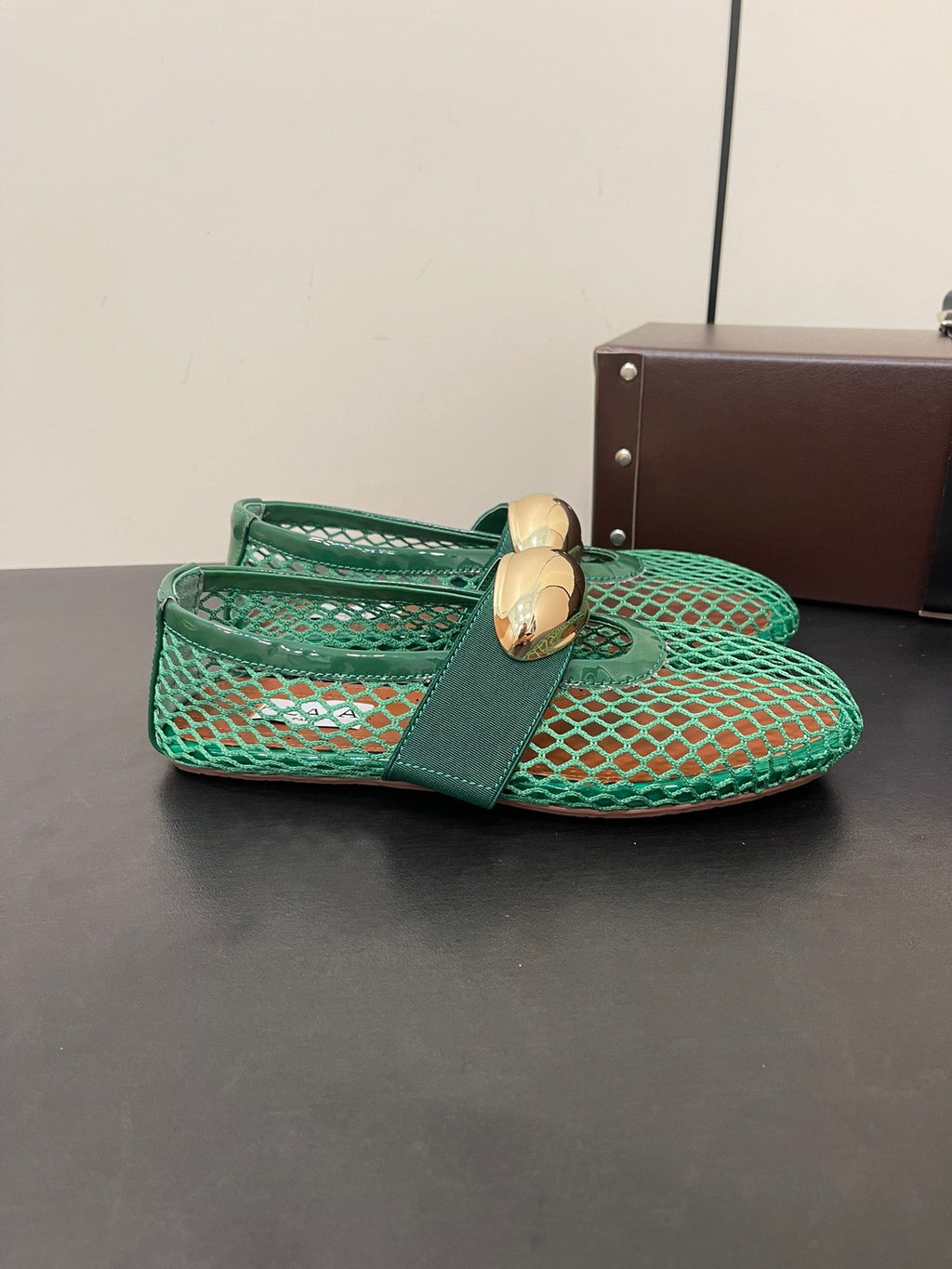 ALAIA BALLET FLATS IN COOL GREEN MESH FISHNET WITH GOLD HARDWARE