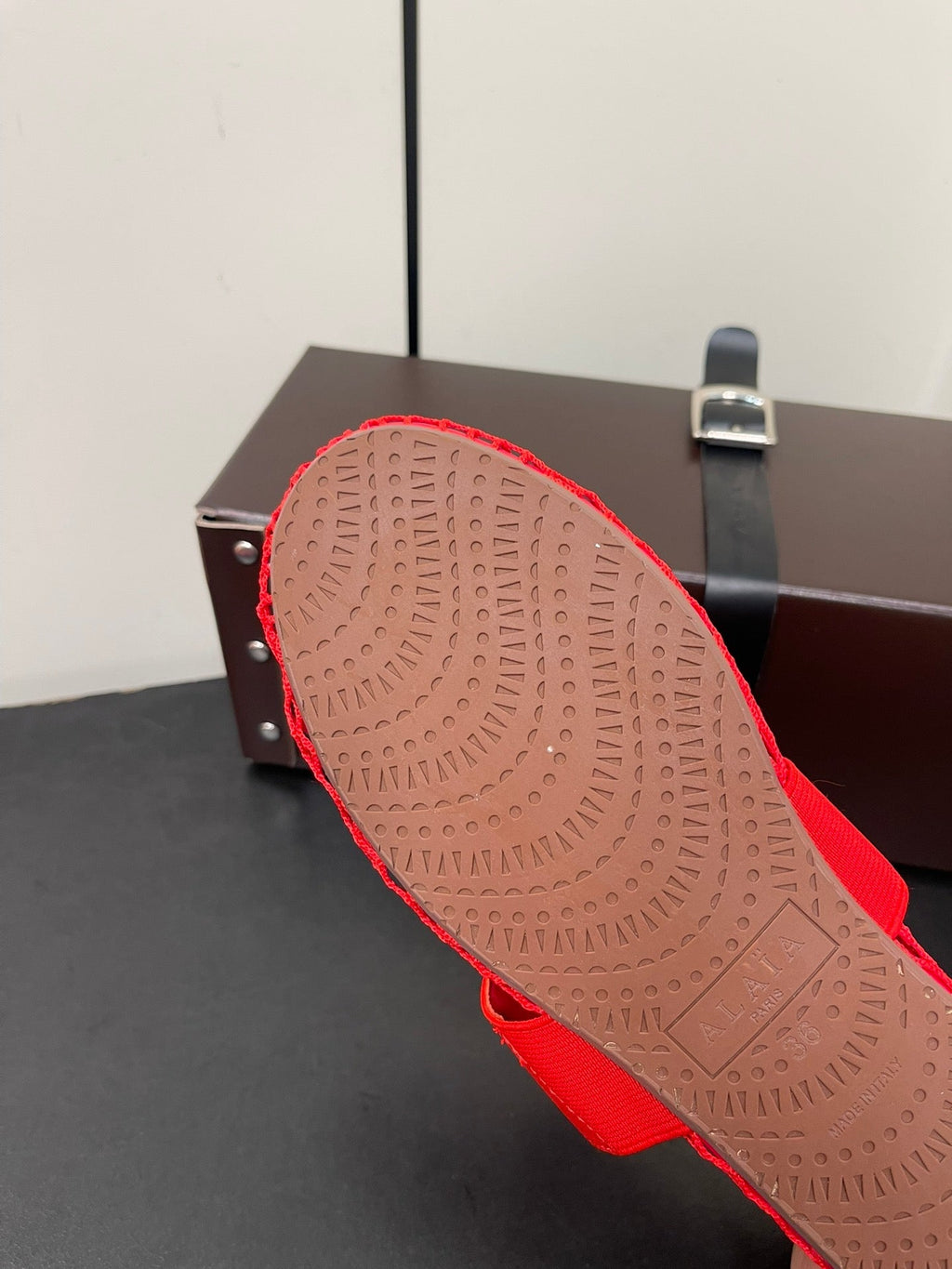 ALAIA BALLET FLATS IN CHERRY RED MESH FISHNET WITH GOLD HARDWARE