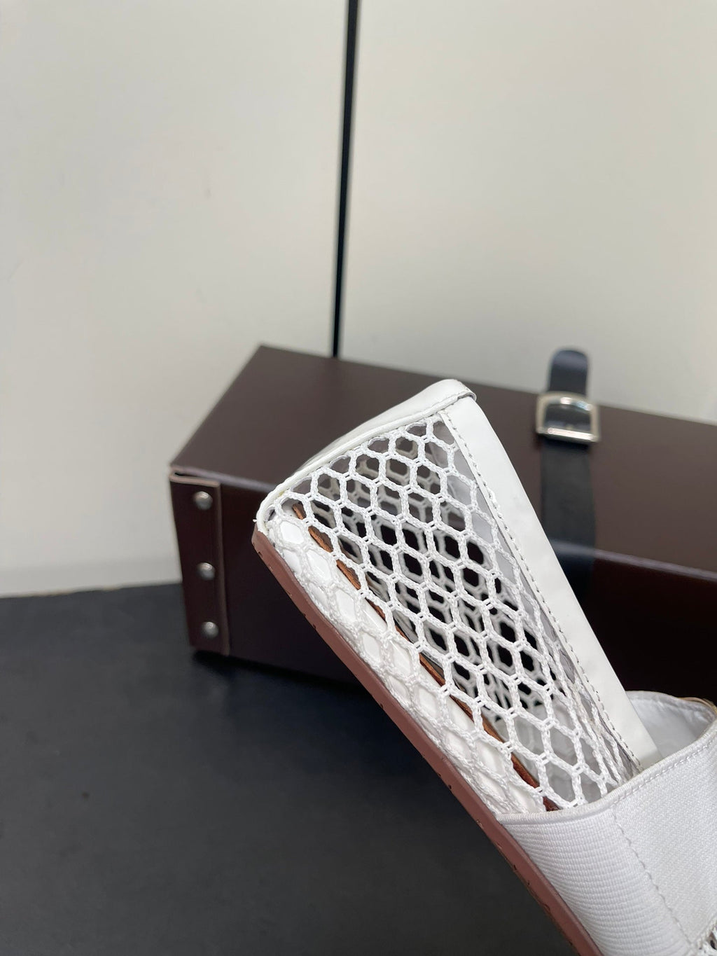 ALAIA BALLET FLATS IN WHITE MESH FISHNET WITH GOLD HARDWARE